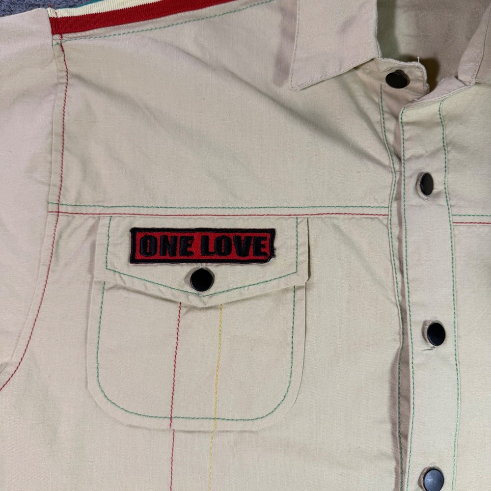 One Love Bob Marley Soul Rebel Graphic Button Up Shirt Tan Rasta Lion Mens - Picture 6 of 7